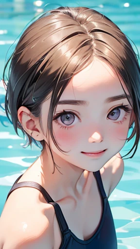 highest quality、realistic、Japanese、girl、zoom、look up、cute、silver eyes、very short hair、boyish、chestnut hair、all back、The forehead is out、pool、poolサイド座る、swimsuit、A big smile、close up face、slender、small breasts