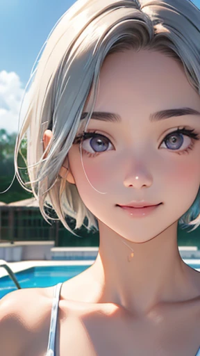 highest quality、realistic、Japanese、girl、zoom、look up、cute、silver eyes、very short hair、boyish、chestnut hair、all back、The forehead is out、pool、poolサイド座る、swimsuit、A big smile、close up face、slender、small breasts