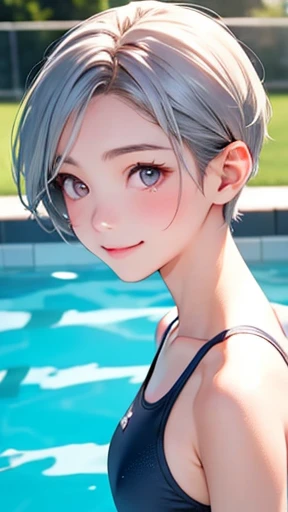 highest quality、realistic、Japanese、girl、zoom、look up、cute、silver eyes、very short hair、boyish、chestnut hair、all back、The forehead is out、pool、poolサイド座る、swimsuit、A big smile、close up face、slender、small breasts