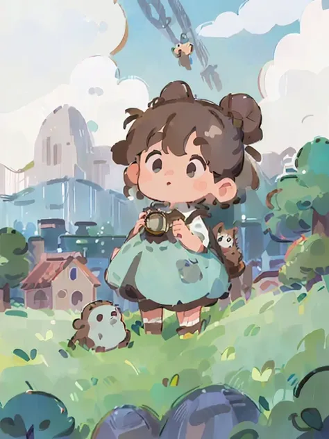 (best quality, high resolution, masterpiece:1.2), Super detailed, (actual, realistically:1.37), bright colors, magical atmosphere, whimsical, （Girl with brown hair, Double braids on both sides）, ((The sky is covered with clouds, Mountain trees, Background ...