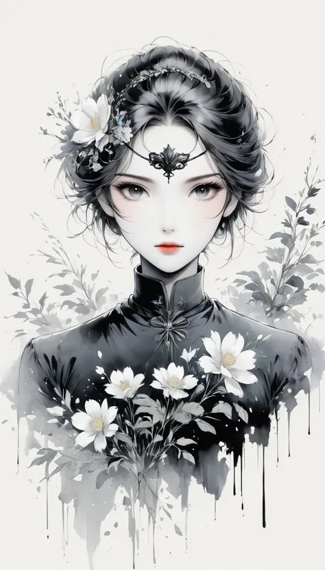 (Anime line drawing:1.5)，black and white painting，Minimalism，line art，sketch，Charcoal drawing，mask，flower