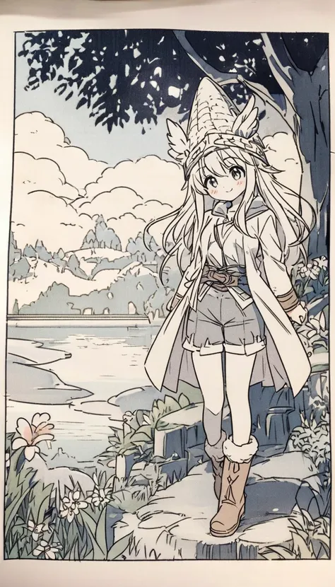 Anime line drawing, line art, Cute Q version girl, black and white, Fengshin, long hair, medium breasts, happy, feather embellished hat, coat, (fantasy:1.1) (middle Ages:1.1) (pantyhose:1.1), shirt, shorts, Wool boots, enchanted forest, flowers, ancient ru...