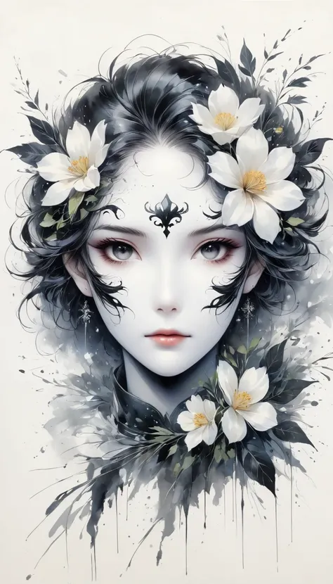 (Anime line drawing:1.5)，black and white painting，Minimalism，line art，sketch，Charcoal drawing，mask，flower