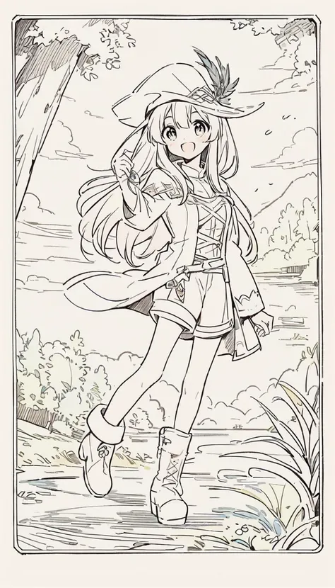 Anime line drawing, line art, Cute Q version girl, black and white, Fengshin, long hair, medium breasts, happy, feather embellished hat, coat, (fantasy:1.1) (middle Ages:1.1) (pantyhose:1.1), shirt, shorts, Wool boots, enchanted forest, flowers, ancient ru...