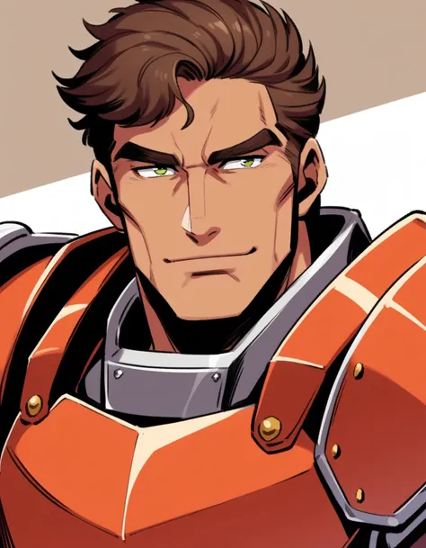 1980s, 1father, musclar Knight, solo, bangs, upper waist, 40yo, brown hair, evergreen eyes, red full plate armor, thick brown eyebrow, sanpaku, tanned skin, small eyes, light smile, top of head in frame, [facial wrinkles], visual novel