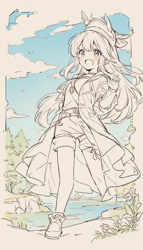 Anime line drawing, line art, 1 girl, black and white, Fengshin, long hair, medium breasts, happy, feather embellished hat, coat, (fantasy:1.1) (middle Ages:1.1) (pantyhose:1.1), shirt, shorts, Wool boots, enchanted forest, flowers, ancient ruins, lake, Sk...