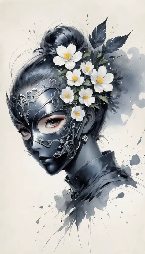 (Anime line drawing:1.5)，black and white painting，Minimalism，line art，sketch，Charcoal drawing，mask，flower