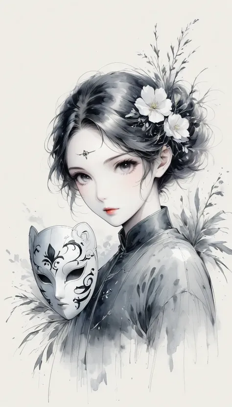 (Anime line drawing:1.5)，black and white painting，Minimalism，line art，sketch，Charcoal drawing，mask，flower