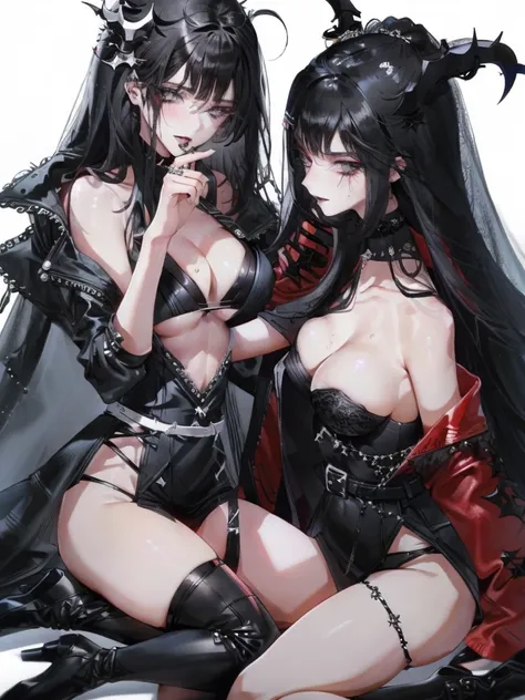 beautiful eyes、Two women kisasterpiece, best quality, high quality, ultra detailed, 1girl, looking at viewer, white hair, gray eyes, black lipstick, black shirt, sitting on a white floor, demon girl, gothcore, 1 7 - year - old, goth girl, japanese gothic, ...