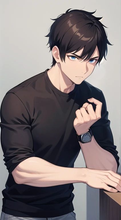 male, Curious and logical, Neat short black hair, Deep brown, sharp, intelligent gaze, Slim yet muscular, smart watch, Functional and modern casual wear