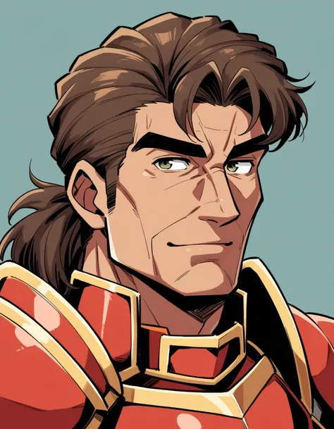 1980s, 1father, musclar Knight, solo, parted bangs, upper waist, 40yo, brown hair, evergreen eyes, red full plate armor, thick brown eyebrow, sanpaku, tanned skin, small eyes, [facial wrinkles], visual novel, light smile