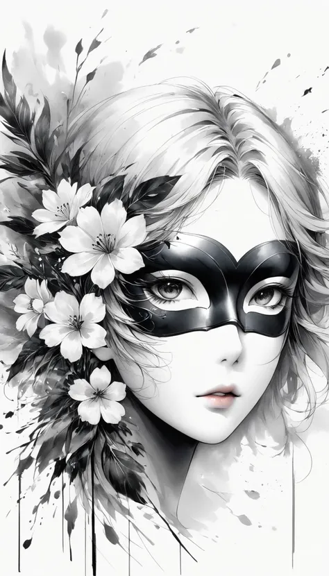 (Anime line drawing:1.5)，(black and white painting:1.45)，Minimalism，line art，sketch，Charcoal drawing，mask，flower