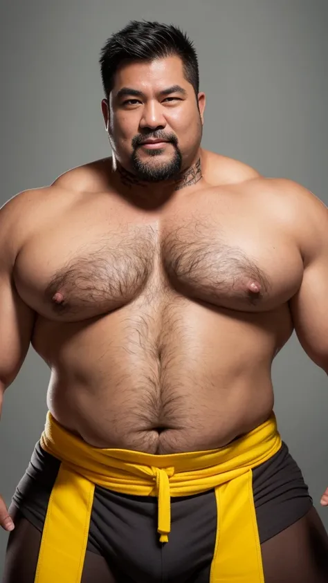 black hair, middle-aged man, individual, male, Muscular wrestler, muscular, Stout wrestler, Asian, Japanese, uncle, 55 year old middle-aged man, short hair, short hair, yellow wrestling boots, full body portrait, shadow, Vision, yellow briefs, obesity, 45 ...