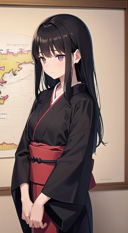 woman, Quiet and calm, yet passionate and strong-willed, Long black hair elegantly tied up, A deep brown, calm face with a hidden passion in its gaze, Delicate yet supple, Old maps and traditional Kyoto craft items, A modern take on traditional kimono styl...