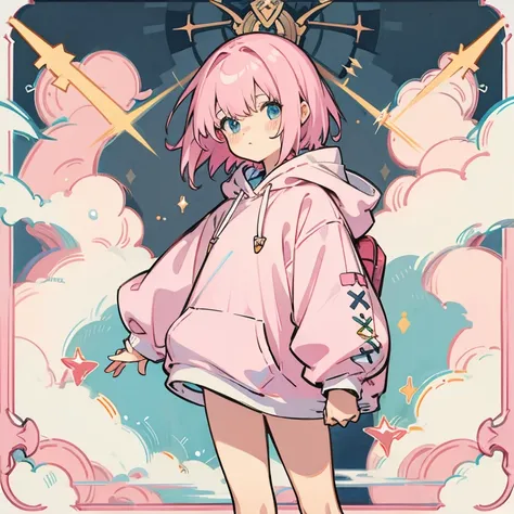 Girl, short light pink hair, short 4’11, wears axololtl hoodie