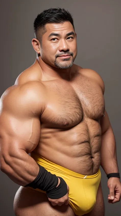 black hair, middle-aged man, individual, male, Muscular wrestler, muscular, Stout wrestler, Asian, Japanese, uncle, 55 year old middle-aged man, short hair, short hair, yellow wrestling boots, full body portrait, shadow, Vision, yellow briefs, obesity, 45 ...