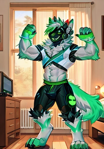 Protogen, (white fur with some green strands of fur) , bedroom, happy, male, 8 foot 0, standing, looking at viewer, muscular, (big ass), ass bursting out of green underwear, green glowing balls, bending, white ass, cock, cum,