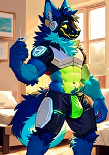 Protogen, (white fur with some green strands of fur) , bedroom, happy, male, 8 foot 0, standing, looking at viewer, muscular, (big ass), ass bursting out of green underwear, green glowing balls, bending, white ass, cock, cum,