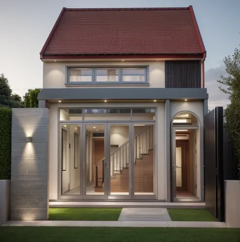 a rendering of a modern house and a garden,  modern style, beautiful roof, red roof realistic, green grass ultra realistic, grass garden in the front yard, house gate decorated with natural stone, sofa, tv,  windows  have blind, doors  have blind,  garden ...