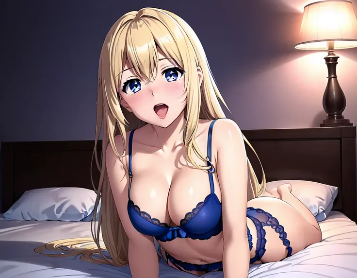 Hentai,Esmeralda 18 years old long blonde hair blue eyes huge breasts sexy dark blue underwear showing her breasts to the viewer in Cristalina&#39;s room at night blushing expression sticking out her tongue