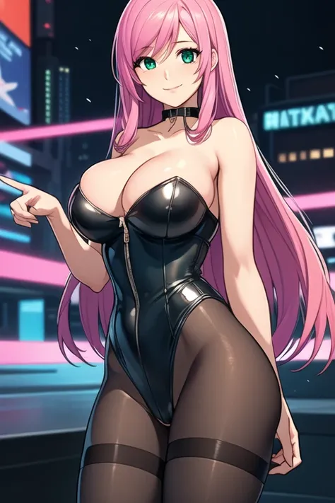 1 girl, 19 years old, Long pink hair, green eyes with slit pupils, master-piece, best quality, (standing up), (dark blue leather jacket, black, strapless one-piece bustier-leotard, pantyhose, cleavage),  (Big , ultra gigantic , Super super big, Glamorous b...