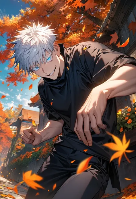 Ultra detailed, Highres, absurdres, HDR, Gojou Satoru, white hair, blue eyes, white eyelashes, black tight T-shirt, Jujutsu Kaisen, 1 man only, smirking, petals, flowers, autumn, handsome, orange leaves, black pants,
