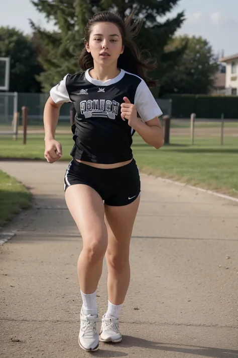 a 13 year old girl with black straight hair wearing sports clothes running  