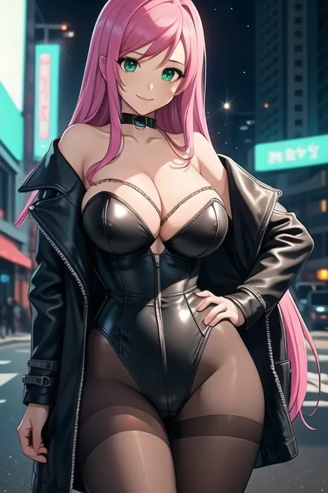 1 girl, 19 years old, Long pink hair, green eyes with slit pupils, master-piece, best quality, (standing up), (dark blue leather jacket, black, strapless one-piece bustier-leotard, pantyhose, cleavage),  (Big , ultra gigantic , Super super big, Glamorous b...