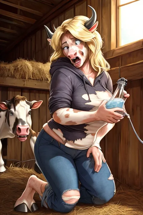 lap, looking shocked, next to a cow, looking surprised, painful expression, ( two cows with white fur with gray spots), not too fat, digitigrade, female, clothes, breast, bust, wearing a grey hoodie and blue jeans , BREAK (by zackary911, by braeburned, by ...