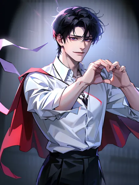 (masterpiece, 4k, high quality:1.3), 1boy, solo, short hair, black hair, asymmetrical fringe, purple eyes, handsome, sharp eyes, (mature male, mature:1.2), male focus, red button up shirt, black pants, necklace, muscles, starry background, close up, smile,...