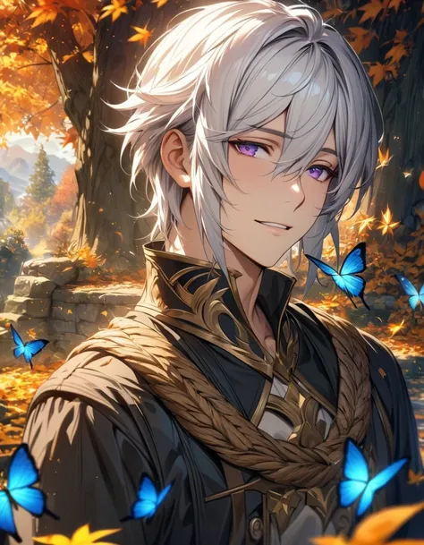 absurdres, highres, ultra detailed, HDR), master piece, best quality, Mikleo, white hair, expressive purple eyes, Tales of Zestiria, 1man, handsome, autumn, golden leaves, petals, flowers, butterflies