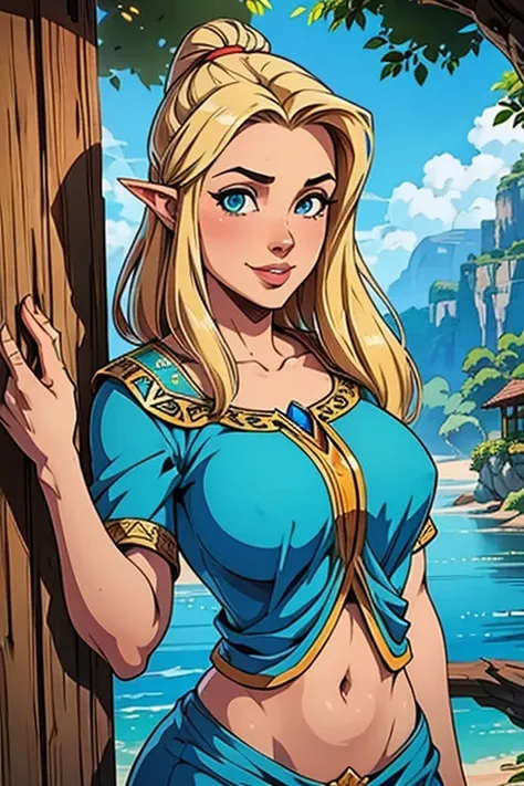 link,cabelo loiro curto,Orelhas pontudas, olhos azuis,  maquiagem leve,  barriga, peito achatado,  umbigo, lips, sorriso sedutor, 
manoplas de noiva, blue tunic,  mangas compridas,  
 noite,  taberna, a
(incrivelmente detalhado, lindo rosto detalhado, obra...