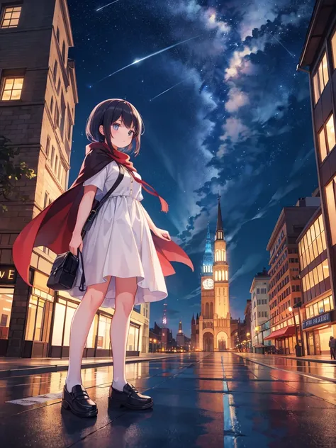 night sky, city,  1 girl, Are standing, alone, full body, Plump short sleeves,  cape, bag