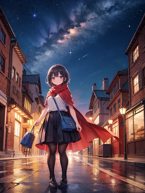 night sky, city,  1 girl, Are standing, alone, full body, Plump short sleeves,  cape, bag