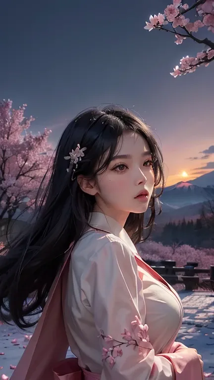 (best quality, masterpiece),(1girl, miko, coat, expression face, black eyes, looking at front ,black hair, walking, upper body), very sexy, sheer alluring dress, (night strray sky, huge old tree behind, falling glowing pink petals behind, shrine behind, mo...