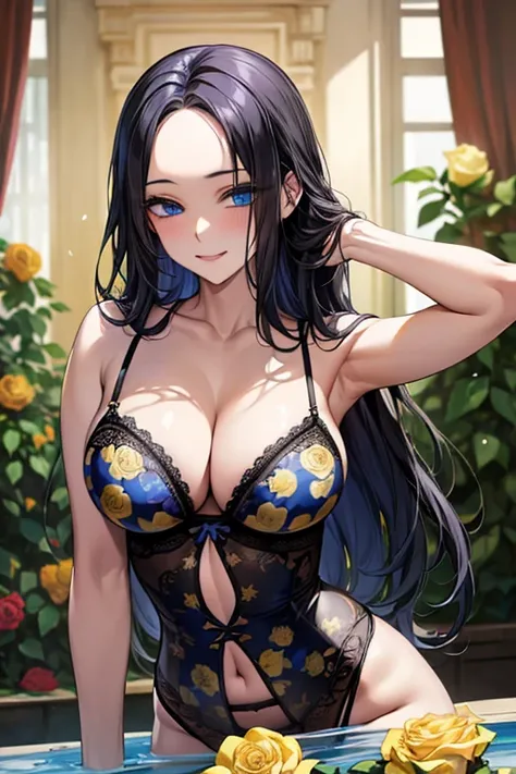 ((Black hair))), long hair, (((blue eyes))),(((forehead))) sexy, large breasts, beautiful body, masterpiece, smile, (((yellow rose print lingerie))),sexy lingerie, hotel swimming pool,busty, buxom, curvy, voluptuous,Sexual Intercourse,