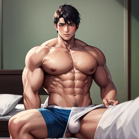 Homem musculos de cabelo branco e olho azul sem camisa e sem cueca deitado em uma cama