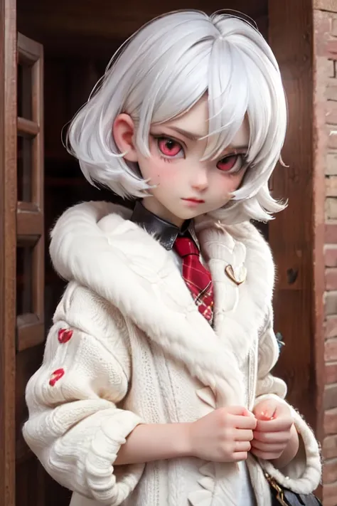 Feminine Femboy with white hair, pale soft skin, and red eyes.