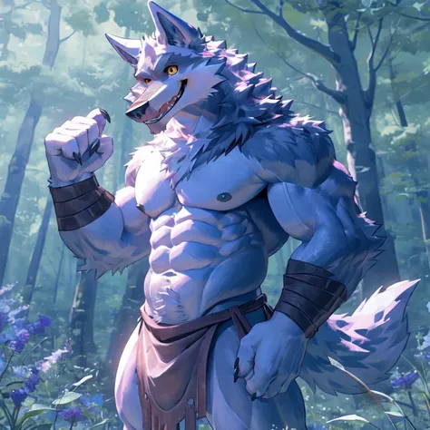 (non-human male wolf), sexy pose, big body, muscular body, alone, forest, beautiful flowers, kemono, loincloth, toothy smile