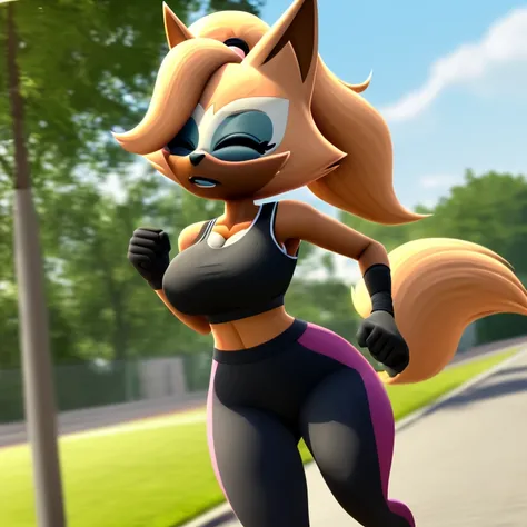 Masterpiece, high quality, studio quality, intricate details, 4k, 1girl, Whisper the Wolf, bare midriff, eyes closed, big breasts, sports bra, daytime, jogging, ((best quality)), (detailed)