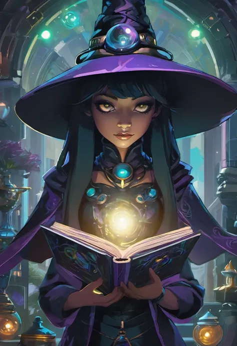 create a scene that depicts a modern-day witch who has embraced the world of cybernetics to enhance her magical abilities. The artwork should convey the enchanting blend of traditional witchcraft and futuristic technology. Here are some specific elements t...