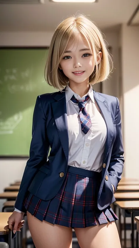 (8k, raw photo, highest quality), stand in the classroom of school, (((((((1 woman))))))), ((blonde)), ((short bob hair)), ((det...