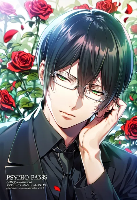 Ultra detailed, Highres, absurdres, HDR, Ginoza Nobuchika, black hair, green eyes, glasses, black clothes, Psycho-Pass, 1 man only, petals, red roses, garden, handsome,