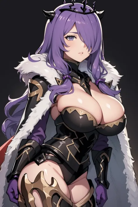 { - anatomy error}(Masterpiece - Ultra-detailed, very high resolution) masterpiece, best quality, brvCamilla, crown, cape, armor, gloves, fur trim, whole body, gigantic breasts, looking at viewer, mountain, rock formations, night, serious expression, from ...