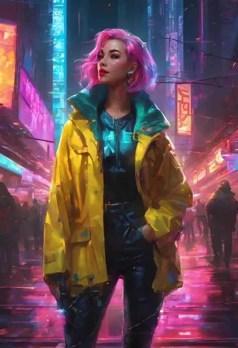 a close up of a woman in a yellow coat holding a glass, rossdraws cartoon vibrant, rossdraws pastel vibrant, vibrant fan art, lois van rossdraws, artgerm julie bell beeple, :: rossdraws, chris moore. artgerm, cyberpunk 2077 rossdraws, rossdraws 2. 0, trend...