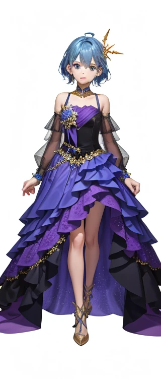 blue hair boy、Wearing a purple dress、The dress is studded with sparkling starulti-tiered skirt、pure white background