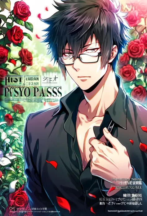 Ultra detailed, Highres, absurdres, HDR, Kougami Shinya, black hair, silver eyes, glasses, black clothes, Psycho-Pass, 1 man only, petals, red roses, garden, handsome,