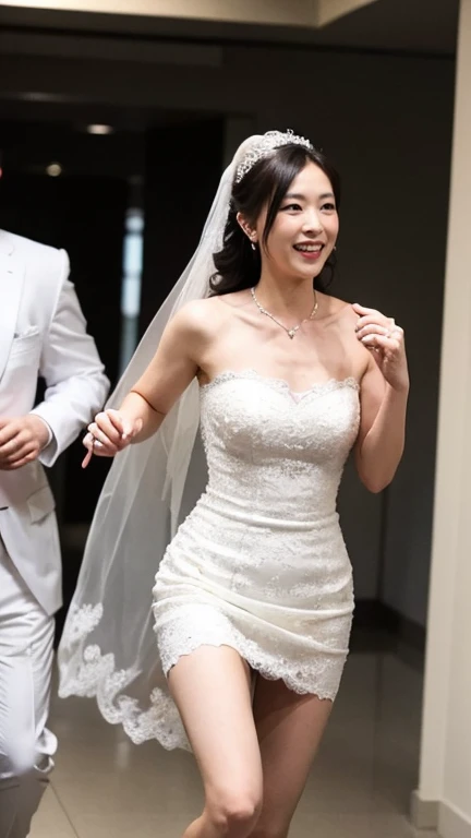 ((highest quality、8k、masterpiece:1.3))、Photoreal, sharp focus, High level image quality, High resolution,portrait, one person、Japanese、woman, beautiful woman, (((Wedding dress)))、30 years old, Plump, medium long hair、grin, Running towards me down the apart...