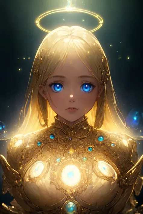 ((best quality)), ((masterpiece)), ((realistic)), portrait,
1girl, celestial, deity, goddess, light particles, halo, looking at viewer, blue eyes, gold hair,
(bioluminescent:0.95), vibrant, colourful, color, (glowing, glow),
(beautiful composition), cinema...