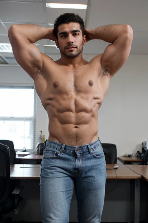 Super muscular mesomorph body type hunk very handsome muscular beefy arab man in office shirt, pectorales redondos y masivos abultados, enormes brazos, nalgon, full body session, jeans grises